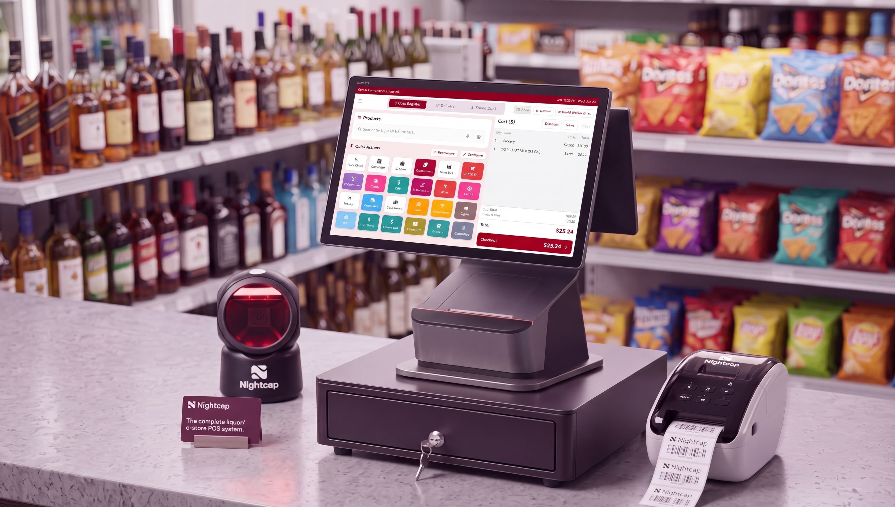 The full Nightcap POS bundle set up on a store counter