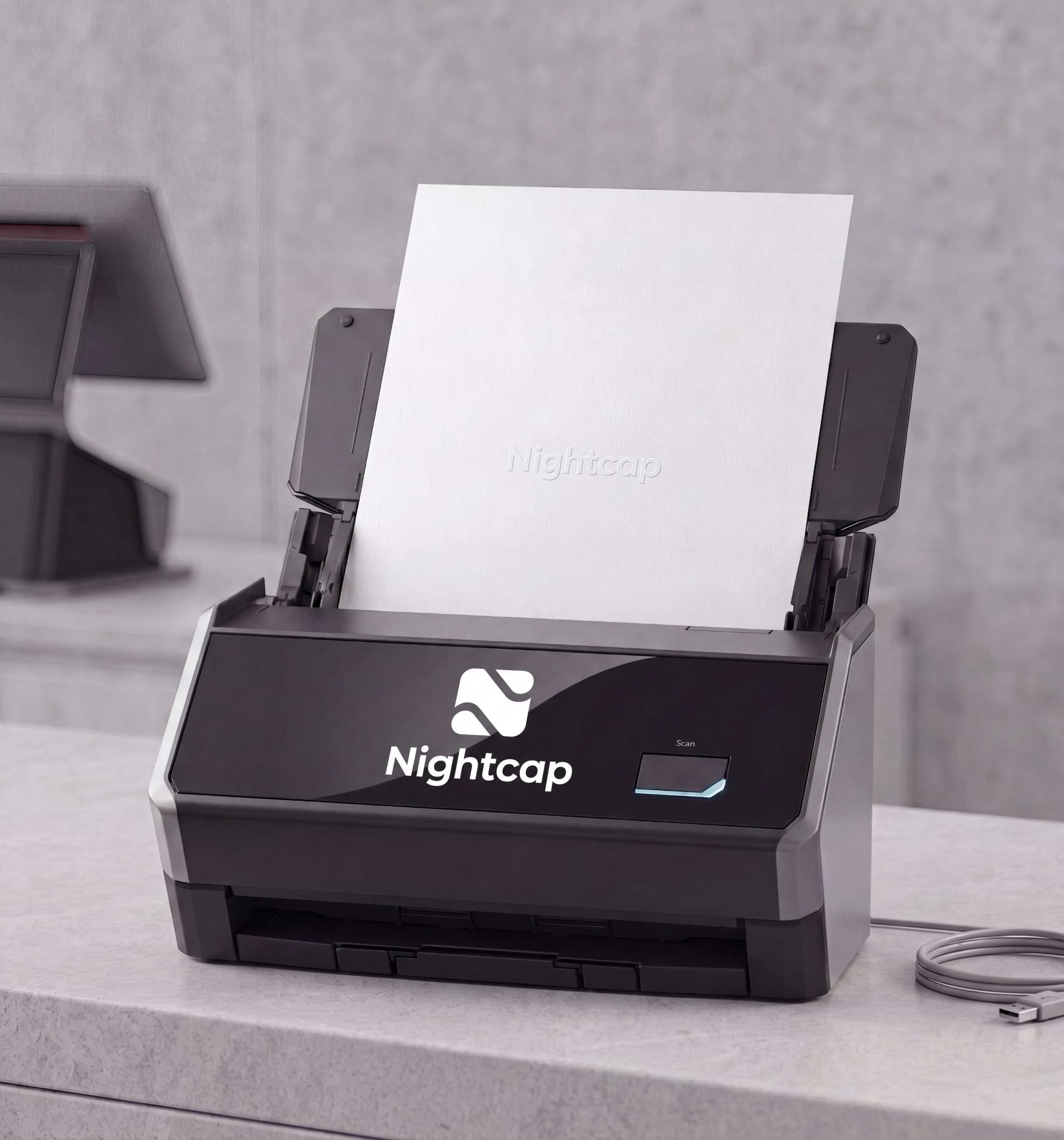 A Nightcap invoice scanner feeding a paper vendor invoice