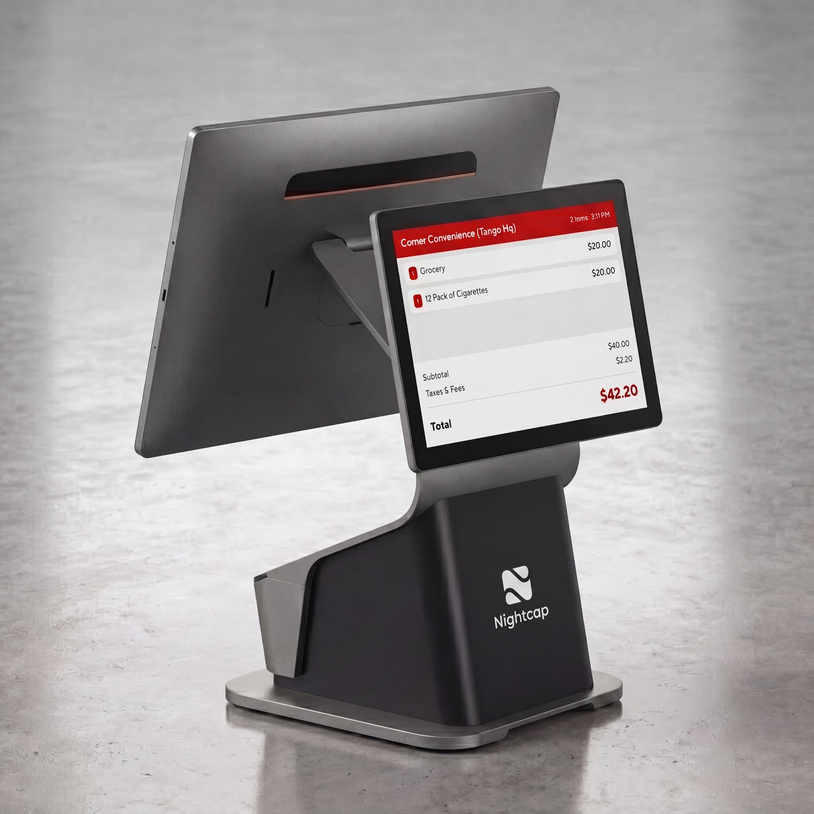 The rear customer-facing screen of the Nightcap terminal showing a live order summary with line items and the running total