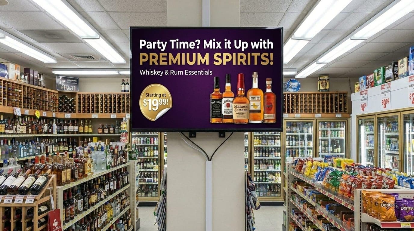 A free in-store TV in a liquor store running a Nightcap promo